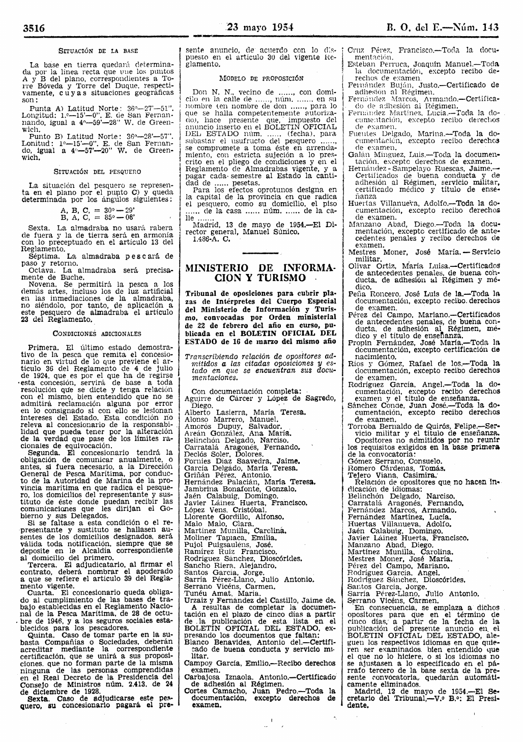 Página 3516 del BOE de 1954 con referencias y triangulación del pesquero